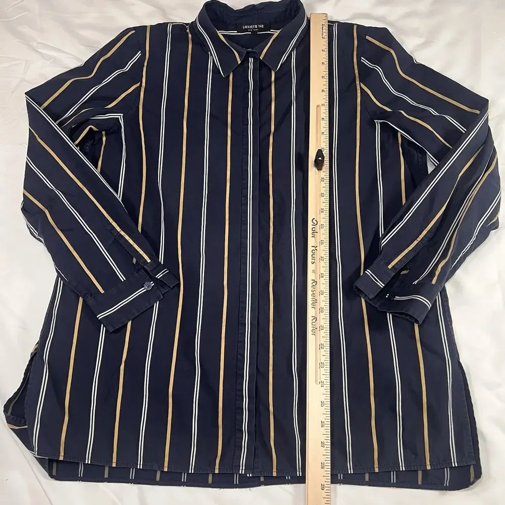 Lafayette 148 New York Shirt Size L Navy Stripe Brayden Riverside Long Sleeve - Picture 8 of 13